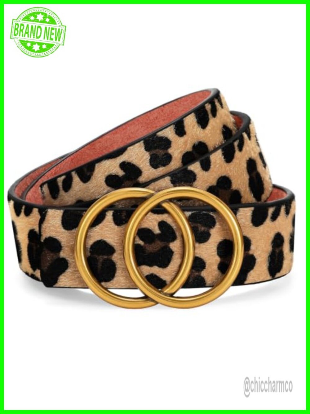 Womens Leather Belt Leopard Calf Hair Double O Ring Pin Buckle Jeans Pants